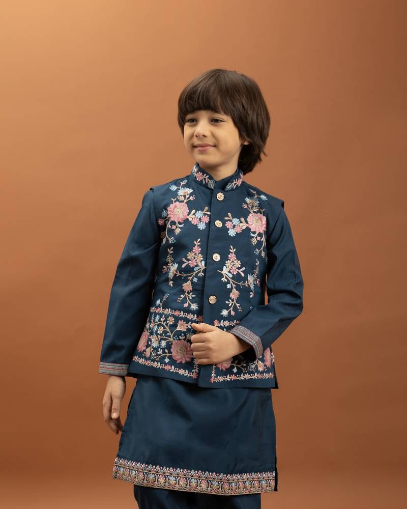 teal green viscose silk floral thread embroidered boys kurta pajama with jacket