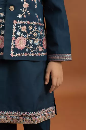 teal green viscose silk floral thread embroidered boys kurta pajama with jacket
