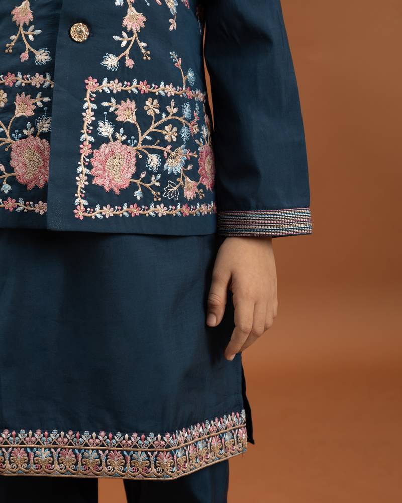 teal green viscose silk floral thread embroidered boys kurta pajama with jacket