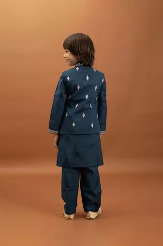 teal green viscose silk floral thread embroidered boys kurta pajama with jacket