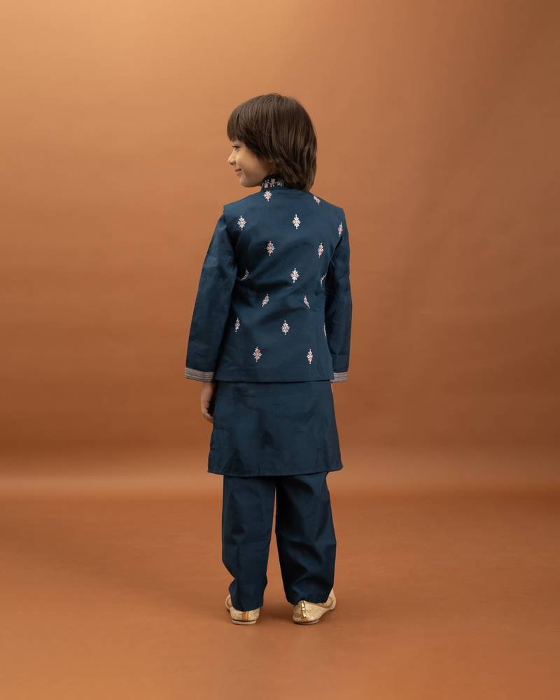 teal green viscose silk floral thread embroidered boys kurta pajama with jacket