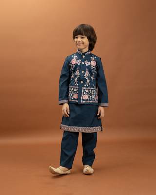 teal green viscose silk floral thread embroidered boys kurta pajama with jacket 5