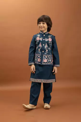 teal green viscose silk floral thread embroidered boys kurta pajama with jacket