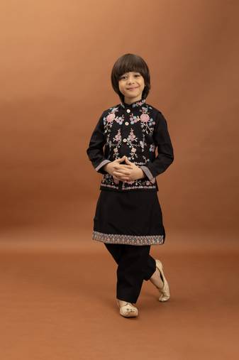 black viscose silk floral thread embroidered boys kurta pajama with jacket