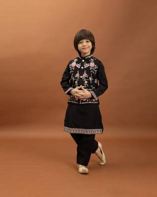 black viscose silk floral thread embroidered boys kurta pajama with jacket 1