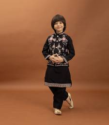 black viscose silk floral thread embroidered boys kurta pajama with jacket