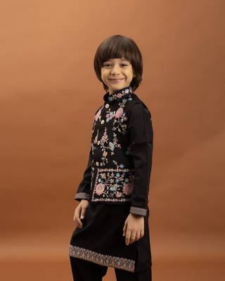 black viscose silk floral thread embroidered boys kurta pajama with jacket 2