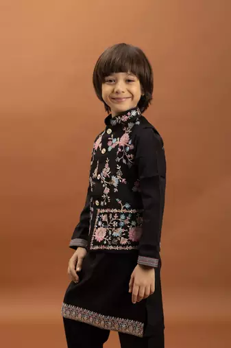 black viscose silk floral thread embroidered boys kurta pajama with jacket