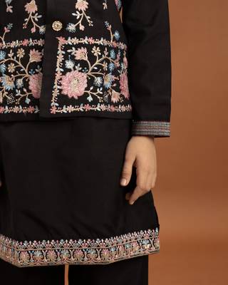 black viscose silk floral thread embroidered boys kurta pajama with jacket 3