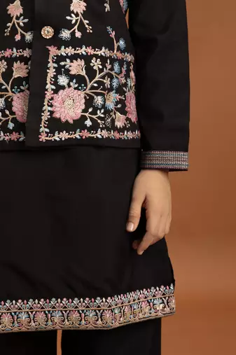 black viscose silk floral thread embroidered boys kurta pajama with jacket
