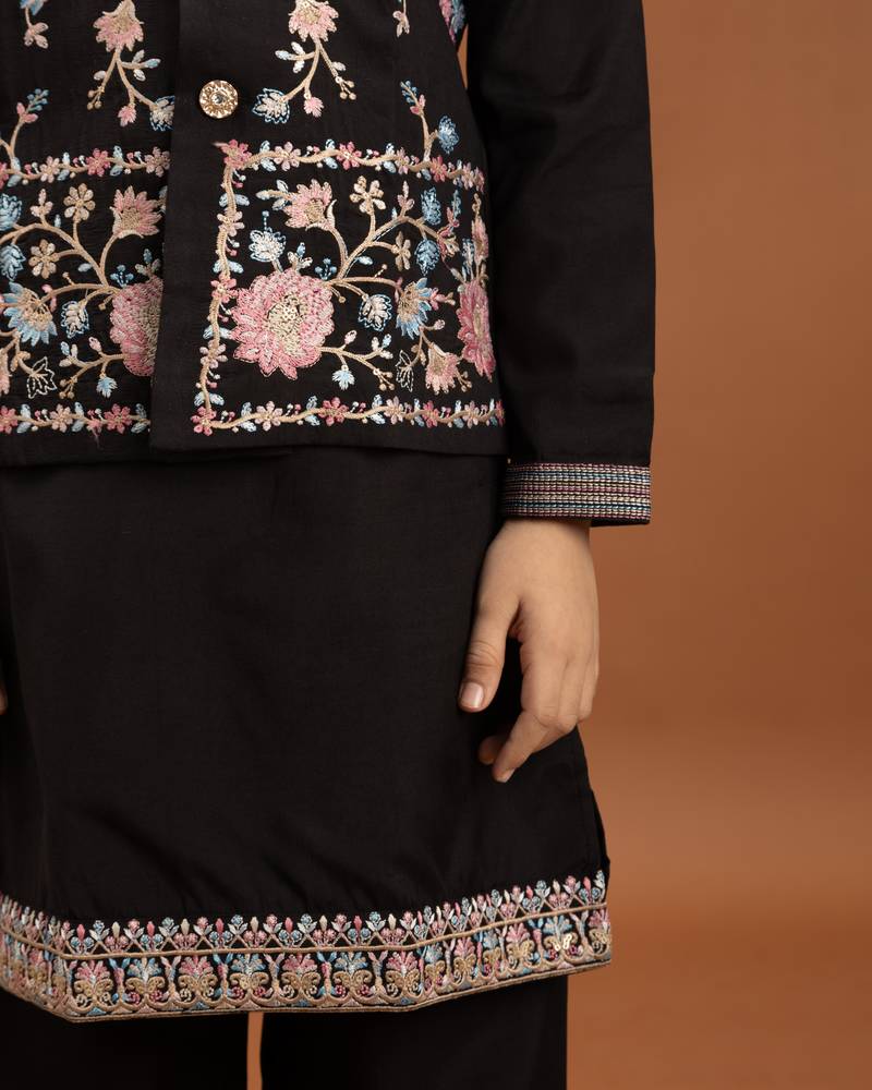 black viscose silk floral thread embroidered boys kurta pajama with jacket