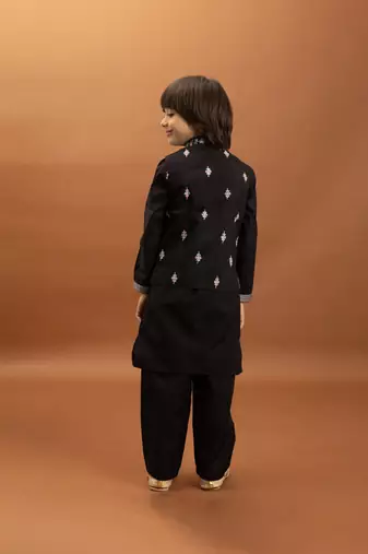 black viscose silk floral thread embroidered boys kurta pajama with jacket