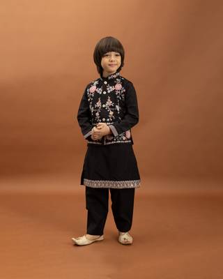 black viscose silk floral thread embroidered boys kurta pajama with jacket 5
