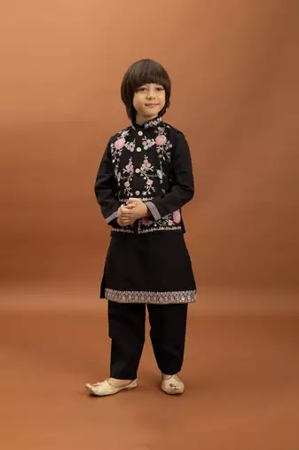 black viscose silk floral thread embroidered boys kurta pajama with jacket