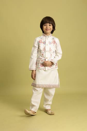 white viscose silk floral thread embroidered boys kurta pajama with jacket