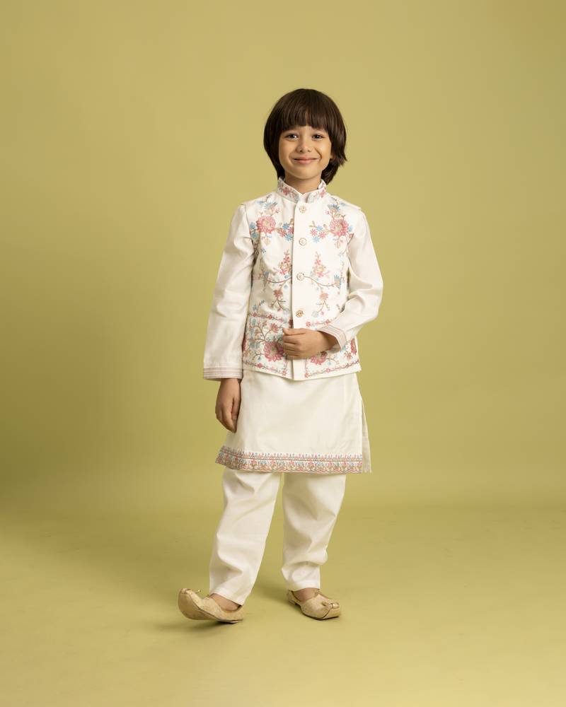 white viscose silk floral thread embroidered boys kurta pajama with jacket