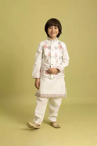 White viscose silk thead with sequins embroidered work wedding function festival party boys straight kurta pant koti