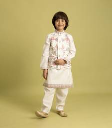 white viscose silk floral thread embroidered boys kurta pajama with jacket