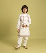 white viscose silk floral thread embroidered boys kurta pajama with jacket