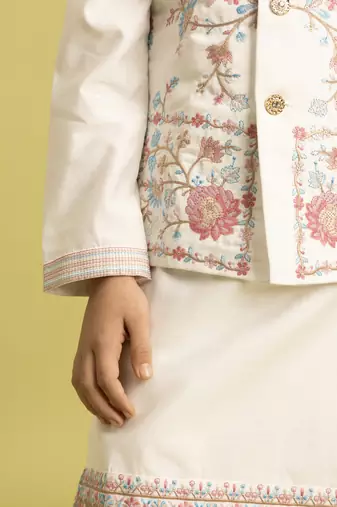 white viscose silk floral thread embroidered boys kurta pajama with jacket