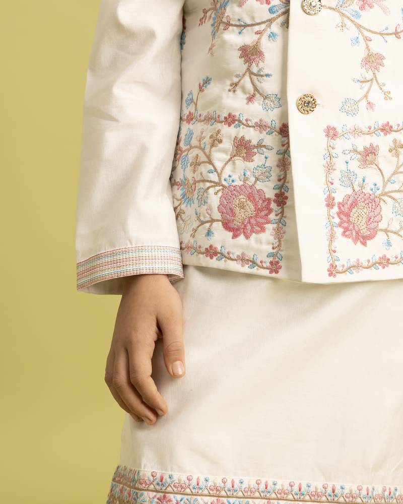 white viscose silk floral thread embroidered boys kurta pajama with jacket