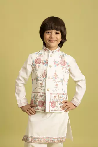 white viscose silk floral thread embroidered boys kurta pajama with jacket