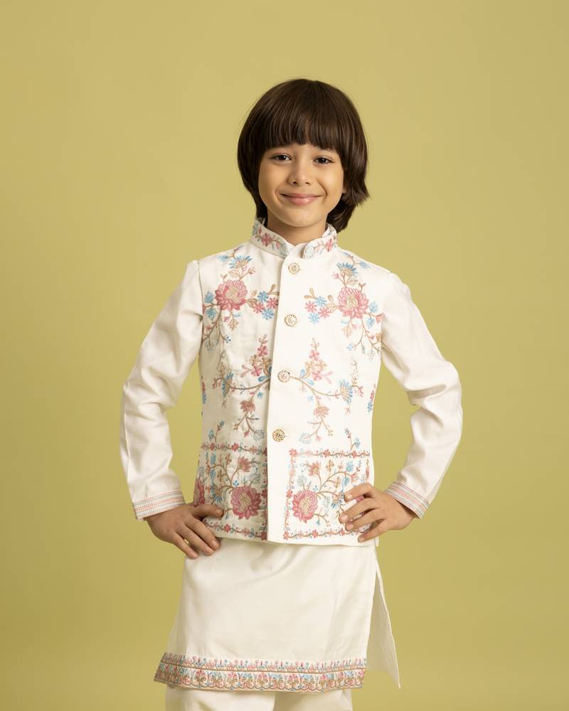 white viscose silk floral thread embroidered boys kurta pajama with jacket