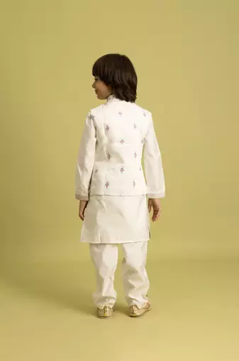 white viscose silk floral thread embroidered boys kurta pajama with jacket
