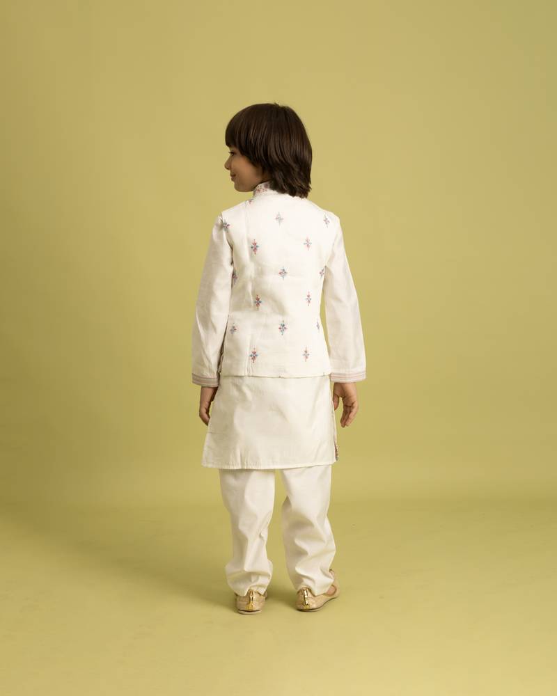 white viscose silk floral thread embroidered boys kurta pajama with jacket