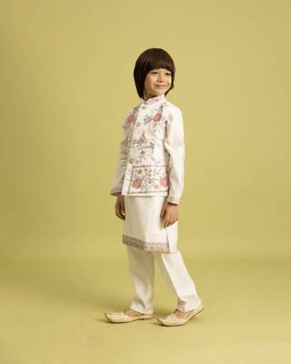 white viscose silk floral thread embroidered boys kurta pajama with jacket 5