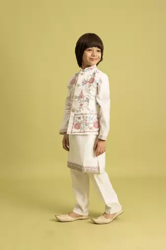 white viscose silk floral thread embroidered boys kurta pajama with jacket