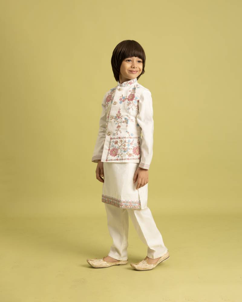 white viscose silk floral thread embroidered boys kurta pajama with jacket