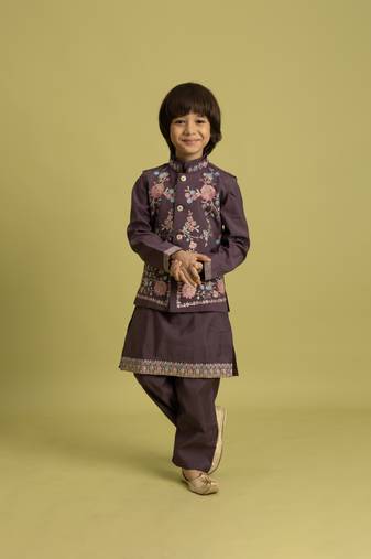 purple viscose silk floral thread embroidered boys kurta pajama with jacket