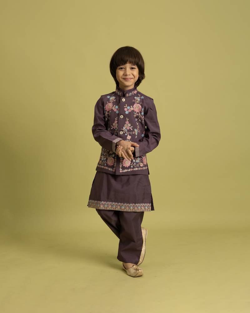purple viscose silk floral thread embroidered boys kurta pajama with jacket