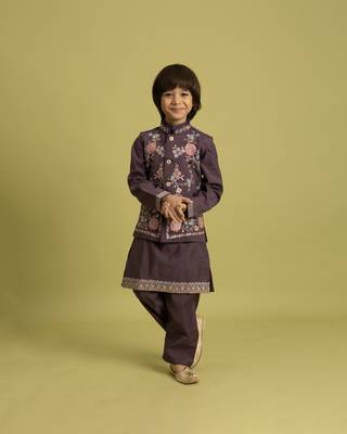 purple viscose silk floral thread embroidered boys kurta pajama with jacket 1