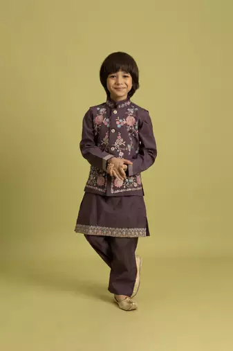 Purple viscose silk thead with sequins embroidered work wedding function festival party boys straight kurta pant koti
