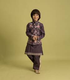 purple viscose silk floral thread embroidered boys kurta pajama with jacket