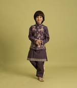 purple viscose silk floral thread embroidered boys kurta pajama with jacket