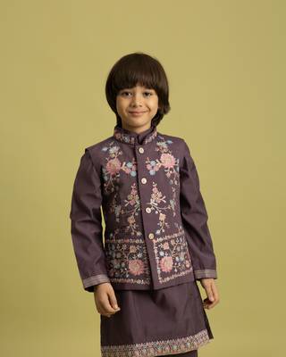 purple viscose silk floral thread embroidered boys kurta pajama with jacket 2