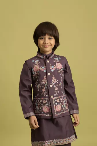 purple viscose silk floral thread embroidered boys kurta pajama with jacket