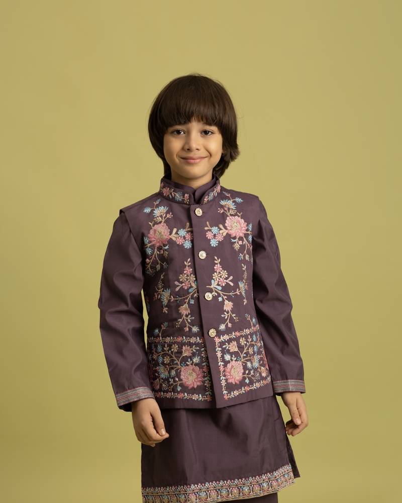 purple viscose silk floral thread embroidered boys kurta pajama with jacket