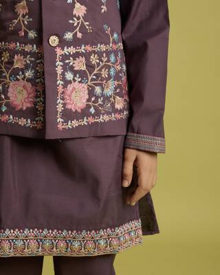 purple viscose silk floral thread embroidered boys kurta pajama with jacket 3