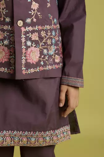 purple viscose silk floral thread embroidered boys kurta pajama with jacket