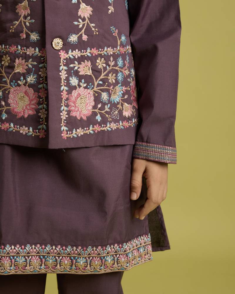 purple viscose silk floral thread embroidered boys kurta pajama with jacket