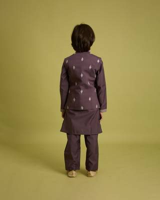 purple viscose silk floral thread embroidered boys kurta pajama with jacket 4