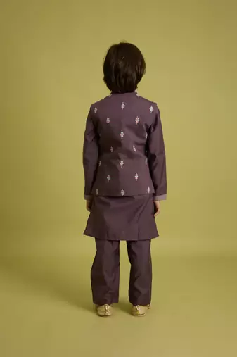 purple viscose silk floral thread embroidered boys kurta pajama with jacket