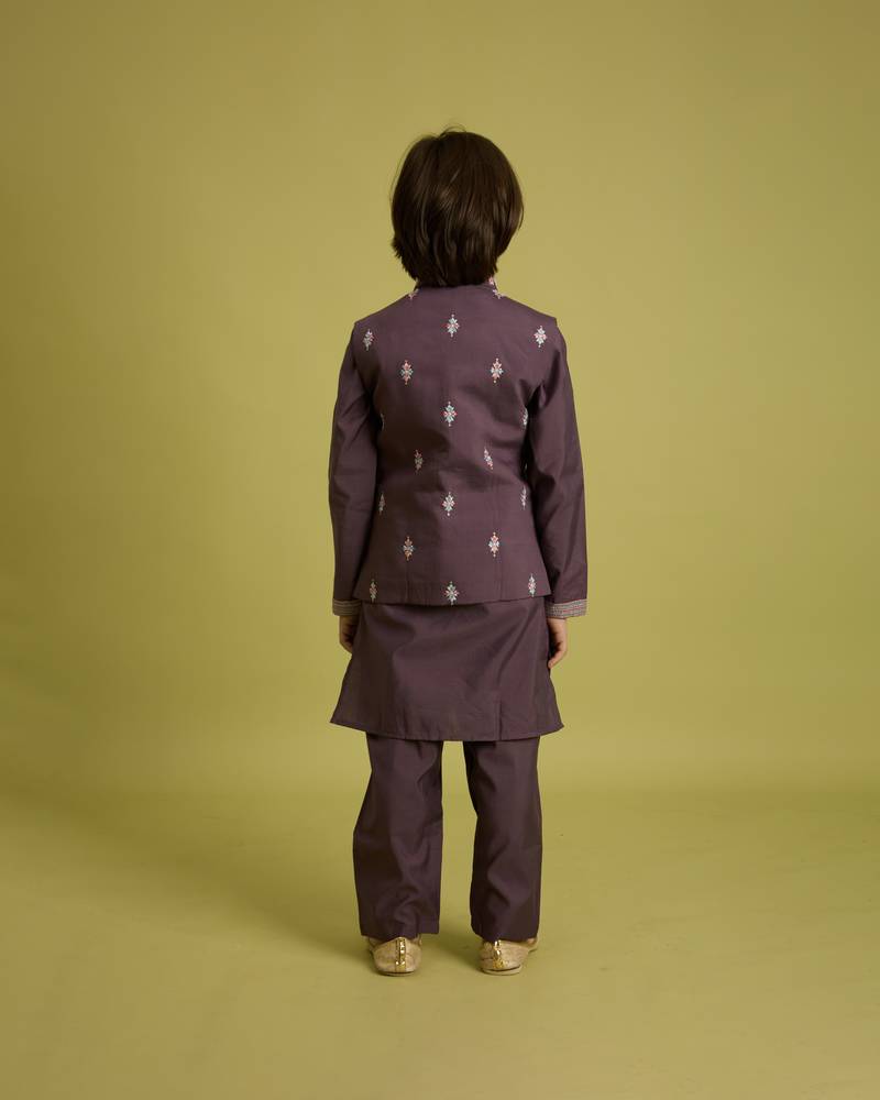 purple viscose silk floral thread embroidered boys kurta pajama with jacket