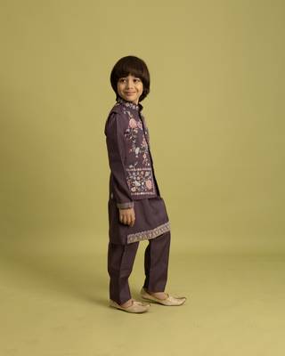 purple viscose silk floral thread embroidered boys kurta pajama with jacket 5
