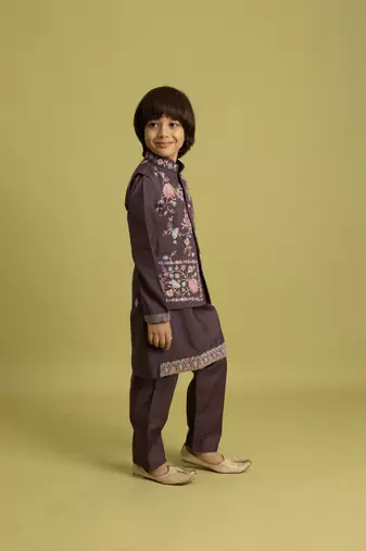 purple viscose silk floral thread embroidered boys kurta pajama with jacket