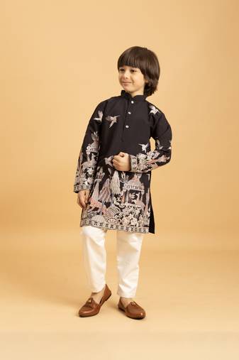 Black viscose silk thead with sequins embroidered work wedding function festival party boys straight kurta pant